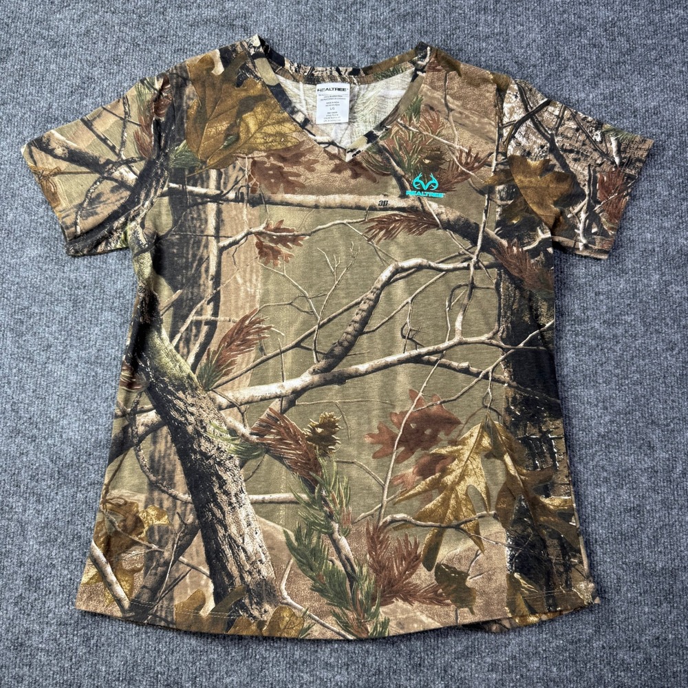 Realtree Womens L Brown Camo V Neck Short Sleeve T Shirt Hunting